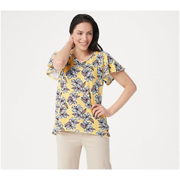 Peace Love World Tops - Peace Love World Yellow Floral Flutter Short Sleeve Knit Tee Womens Size XL